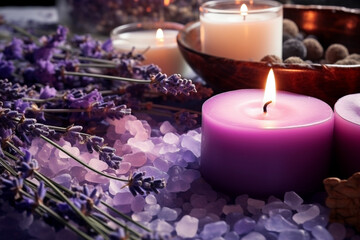 Obraz na płótnie Canvas Aromatherapy concept, candle with lavender flowers