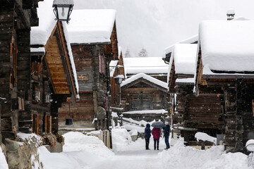 winter in the rural and touristic village of Anniviers in the Swiss Alps - 687183328