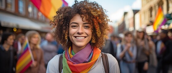 LGBT Pride Festival: a nonbinary gender student wearing a rainbow flag on their face.