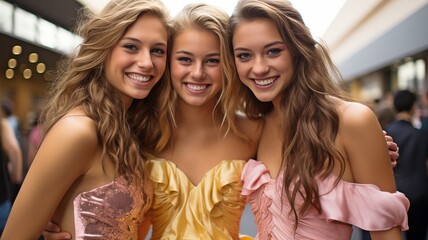 Beautiful adolescent girls posing with their prom outfits in a parking lot photo..