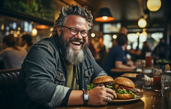 An image shows a ravenous man in a metropolitan cafe, devouring a burger.