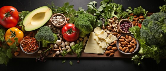Vegetables, tofu, nuts, seeds, and legumes are shown in top view against a dark background as vegetarian protein. Idea: Clean, healthful food. Copy the area. - obrazy, fototapety, plakaty