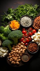 Vegetables, tofu, nuts, seeds, and legumes are shown in top view against a dark background as vegetarian protein. Idea: Clean, healthful food. Copy the area.