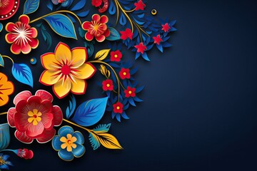 Floral frame on dark blue background. Colorful paper spring flowers and leaves wallpaper. Bright greeting card design for holiday, Mothers day, Easter, Valentine day. Papercraft, quilling