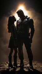 Superhero parents and their young child in silhouette .