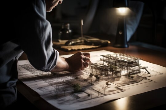 Hand Drawing Architectural Plans, Model Home Nearby, Backlit Composition Capturing Design Process in Minimalistic Detail