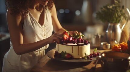 Woman making cheesecake with berries and chocolate ganache on top for coffee time in cafe