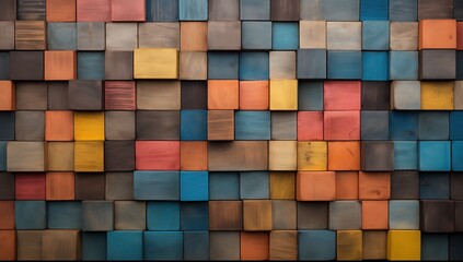 Colorful Wooden Blocks Close-Up: Stained Wood Stacks for Vibrant Background Display - obrazy, fototapety, plakaty