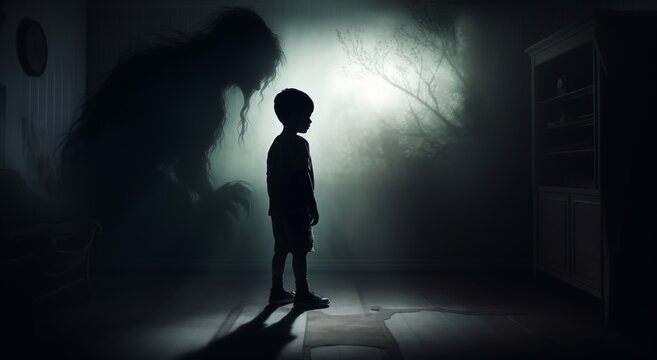 Contrast of a Small Child and a Mysterious Figure in the Shadows