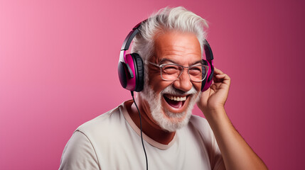 Un homme senior, heureux qui écoute de la musique au casque - obrazy, fototapety, plakaty