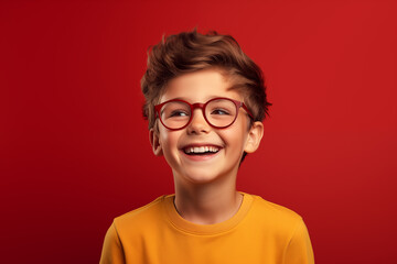 Un enfant de dix ans heureux et souriant avec des lunettes et un tee-shirt orange, arrière-plan isolé, coloré, rouge. - obrazy, fototapety, plakaty