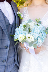 Wedding bouquet of delicate color in the hands of the bride