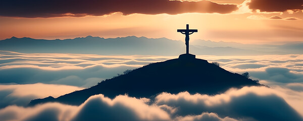 Silhouette of a cross on top of a hill above the clouds. Concept of faith and Christianity in banner format. - obrazy, fototapety, plakaty