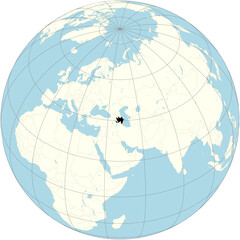 Azerbaijan centered on the world map in an orthographic projection