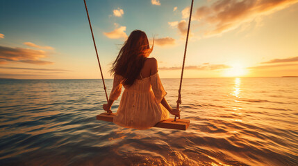 Happy young woman on wooden swing in water