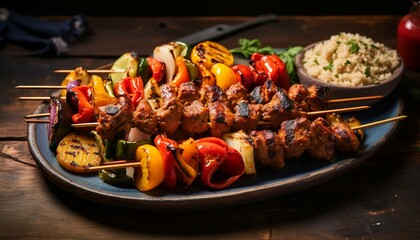 Grilled chicken skewers with a side of grilled vegetables on a sleek black plate, Grilled kebab with couscous and vegetables on a plate - obrazy, fototapety, plakaty
