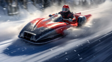 Prototype Concept of a Futuristic High-Speed Vehicle Driving over a Snow-Covered Landscape in the snow-covered  Mountains in the Alps Brainstorming Background Cover Poster Digital Art Backdrop
