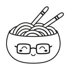 kawaii noodle vector character isolated on white background, black and white funny smiling noodle soup in ceramic bowl with chopsticks, asian food