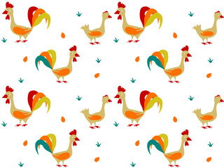 Seamless pattern with hens and roosters