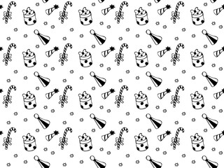 festive Seamless black and white doodle pattern with candy, gift and caps