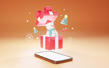 3D flying red gift box with snowman, Christmas tree and snowflakes on mobile phone, smartphone. Gold background. Render minimal style. For present, online shopping, birthday or newyear illustration.