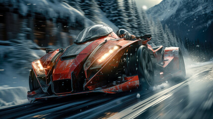 Fototapeta premium Prototype Concept of a Futuristic High-Speed Vehicle Driving over a Snow-Covered Landscape in the snow-covered Mountains in the Alps Brainstorming Background Cover Poster Digital Art Backdrop 
