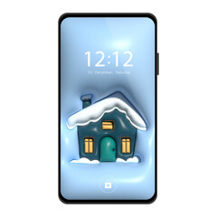 vector screensaver for a smartphone with a winter 3D house, winter 3D vector screensaver for a phone
