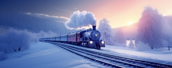 Historic steam locomotive. Old vintage black train ride in the snowy forest in north pole. Fairy tale winter landscape. Retro aesthetic. Christmas and New Year concept. Design for banner, card, poster