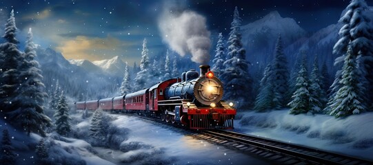 Historic steam locomotive. Old vintage red train ride in the snowy forest in north pole. Fairy tale winter landscape. Retro aesthetic. Christmas and New Year concept. Design for banner, card, poster