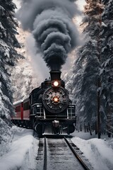 Historic steam locomotive. Old vintage red train ride in the snowy forest in north pole. Fairy tale winter landscape. Retro aesthetic. Christmas and New Year concept. Design for banner, card, poster