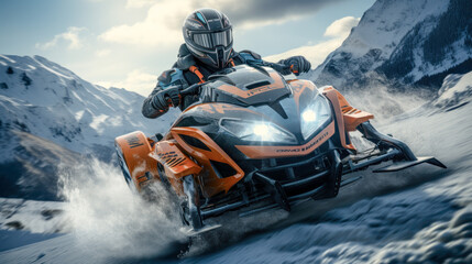 Prototype Concept of a Futuristic High-Speed Vehicle Driving over a Snow-Covered Landscape in the snow-covered  Mountains in the Alps Brainstorming Background Cover Poster Digital Art Backdrop
