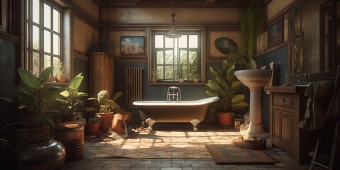 Bathroom interior in a house in Bohemian style.