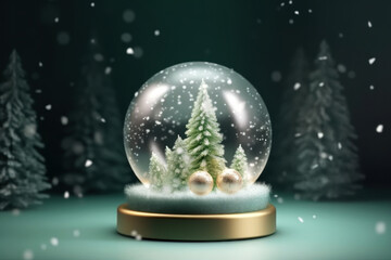 Fototapeta na wymiar A glass ball with snow-covered green and golden Christmas trees and falling snowflakes inside