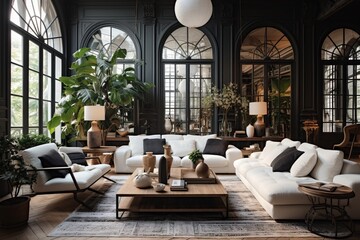 Big living room white decor and black furniture, brown and dark blue