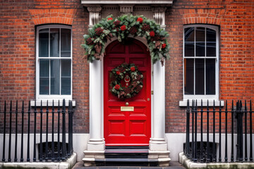 Fototapeta na wymiar Red front door with Christmas wreath and street festive decorations on holidays. Generated by AI.