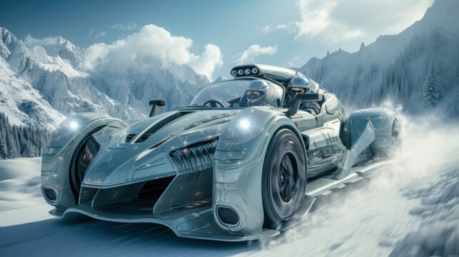Prototype Concept of a Futuristic High-Speed Vehicle Driving over a Snow-Covered Landscape in the snow-covered  Mountains in the Alps Brainstorming Background Cover Poster Digital Art Backdrop
