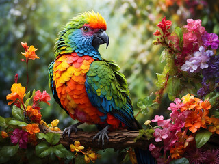 blue and yellow macaw sitting on a branch surrounding with garden of flowers  
