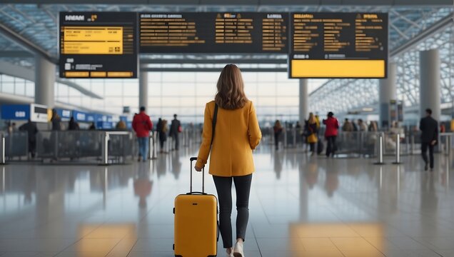 young woman at an international airport looks at the flight information board