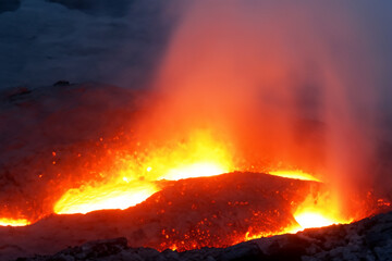 Etna. They overturn with magma on the walls of the volcanic cone. Hot wash. New eruption. 2023. Hot rocks.