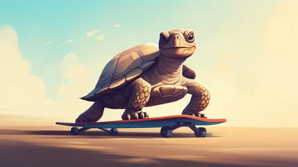 Abwaschbare Fototapete A tortoise riding on a skateboard Strategy © fisher