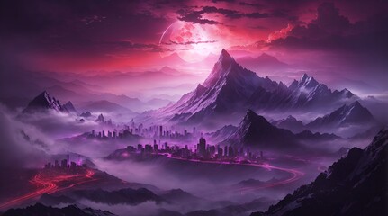 fantasy mountain wallpaper 4k. fantasy mountain city wallpaper. Fantasy landscape of mountain with futuristic city and red moon.  - obrazy, fototapety, plakaty