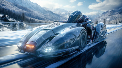Prototype Concept of a Futuristic High-Speed Vehicle Driving over a Snow-Covered Landscape in the snow-covered  Mountains in the Alps Brainstorming Background Cover Poster Digital Art Backdrop
