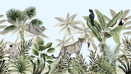 Tropical vintage wild animals, leopard, sloth, parrot, palm tree, banana tree and plant floral mural blue background. Exotic jungle wallpaper.