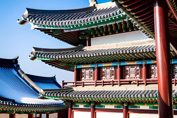Fototapeta na wymiar The roofs, adorned with their distinctively curved eaves, seem to dance against the sky, reflecting the artistic sensibilities deeply rooted in Korean temple architecture. Generative AI.
