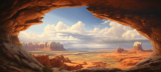Inside sandstone cave entrance with scenic view of desert valley - midday sunshine shelter from the hot and dry weather - distant mountain buttes and rain clouds in the sky over valley.  - obrazy, fototapety, plakaty