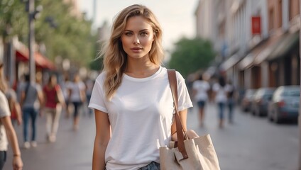 Girl in blank white t-shirt with eco bag handbag on the street