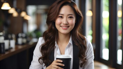 Happy asian female business owner drink coffee