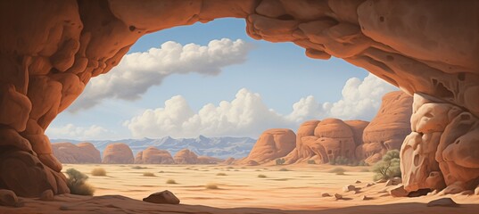 Inside sandstone cave entrance with scenic view of desert valley - midday sunshine shelter from the hot and dry weather - distant mountain buttes and rain clouds in the sky over valley.  - obrazy, fototapety, plakaty
