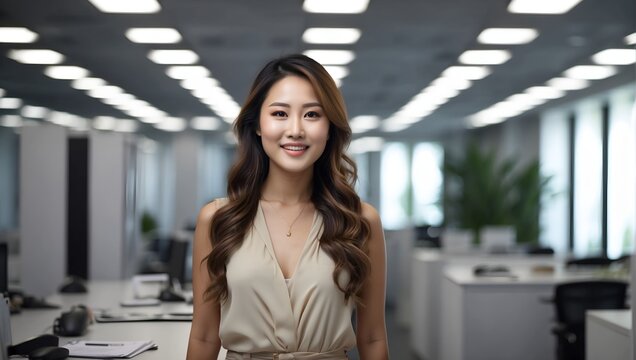 Happy asian female designer standing in office, full boby