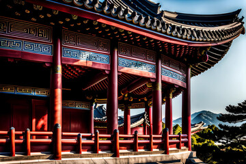 The roofs, adorned with their distinctively curved eaves, seem to dance against the sky, reflecting the artistic sensibilities deeply rooted in Korean temple architecture. Generative AI.